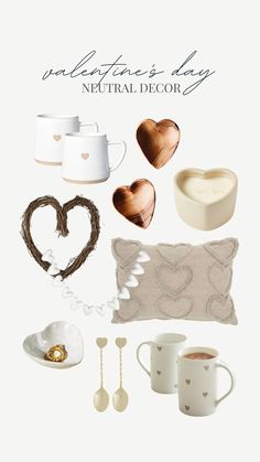 valentine's day neutral decor with hearts, mugs and spoons on white background