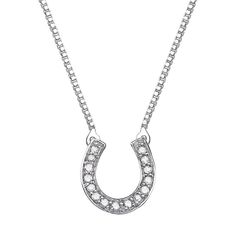 "Shimmering diamond accents and a horseshoe link make this sterling silver necklace a captivating choice.NECKLACE DETAILSLength: 18 in. Clasp: spring-ringMetal: rhodium-plated sterling silverDIAMOND DETAILSTotal weight: less than 1/10 ct.Shape: roundColor grade: H-IClarity: I1-I2Setting: prongImage(s) may be enlarged to show detail.Diamond weights are approximate. Diamond total weights may vary between .01 and .08 ct. Some diamonds have fewer than 17 facets.Gemstones may have been treated to enh Horseshoe Necklace, Horse Jewelry, Silver Diamonds, Sterling Silver Necklace, Metal Rings, Spring Rings, Sterling Silver Necklaces, Rhodium Plated, Pendant Jewelry