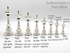 an assortment of silver candlesticks are shown on a white background with measurements for each candle holder