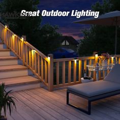 an outdoor lighting deck with chaise lounge and table