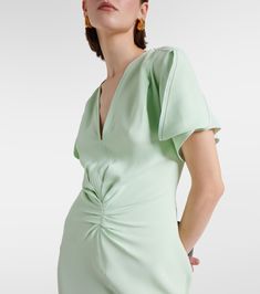 Gathered midi dress in green - Victoria Beckham | Mytheresa Feminine Rayon V-neck Midi Dress, Spring V-neck Dresses With Structured Shoulders, Crepe Maxi Length Cocktail Dress, Summer Formal Ruched Silk Dress, Feminine Viscose V-neck Midi Dress, Feminine V-neck Midi Dress In Viscose, Spring Maxi Dress With Draped Short Sleeves, Spring Dress With Draped Short Sleeves, Chic Green Maxi Dress With Draped Sleeves