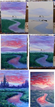 several pictures of different types of watercolors in various stages of being painted with easels