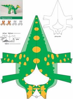 an origami model of a green dinosaur with yellow spots