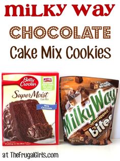 chocolate cake mix cookies with the title in red and white text overlay that reads, milky way chocolate cake mix cookies