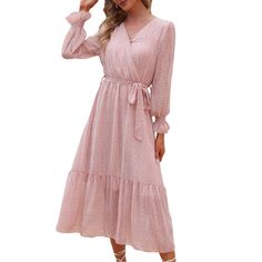 Pink V Neck Long Sleeve Floral Dress with Belt Feminine Fall Chiffon Midi Dress, Feminine Chiffon Midi Dress For Fall, Long Sleeve Chiffon Midi Dress For Day Out, Chiffon Long Sleeve Midi Dress For Day Out, Belt Women, Dresses Floral, Dress With Belt, Long Sleeve Floral Dress, Floral Dresses