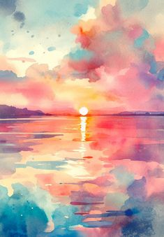 a painting of the sun setting over water with clouds in the sky and reflecting on the water