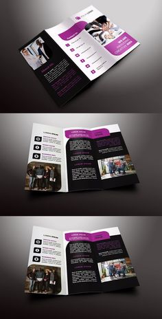 three fold brochure with purple accents on the front and back