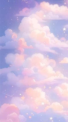 the sky with stars and clouds is painted in pastel pink, purple and blue