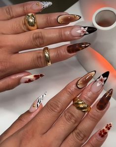 November Nail Designs Almond Shape, Cute Abstract Nail Designs, November Nail Inspiration, Nail Inspo Maximalist, Christmas Almond Nails Designs, Black On Black Nail Designs, Fall Nails Unique, Fall Maximalist Nails, Animal Print Gel Nails