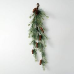 some pine cones hanging from the side of a white wall with green needles on it