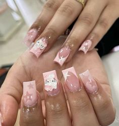 Hello Kitty Nail Inspo Short, Pink Hello Kitty Nails Short, Short Nails Hello Kitty, Cute Nail Ideas For Kids, Nail Inspo Hello Kitty, Hello Kitty Nails Art, Quinceanera Nails, Spring Acrylic Nails, Summery Nails