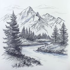 Cascade Mountain Refined Scenic Artwork Landscape Tattoos, Road Drawing, Landscape Pencil Drawings, Black Canvas Art, Scenic Nature, Pencil Drawings For Beginners, Mountain Landscape Painting