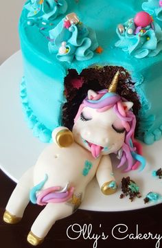 the cake is decorated with an image of a unicorn laying on it's side