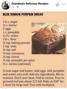 a recipe for blue ribbon pumpkin bread