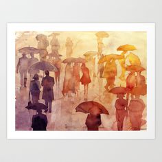 watercolor painting of people walking with umbrellas