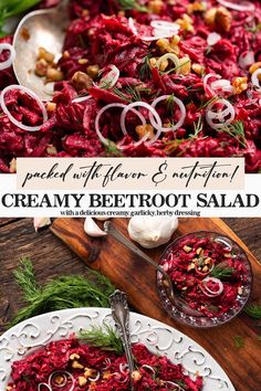 beetroot salad on a white plate with spoons