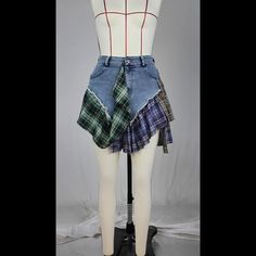 Tavimart Plaid Patchwork Ruffles Jeans Skirts Shorts Women Summer High Waist Button Fly Pockets Fashion Casual Culotte Streetwear Green High Waist Patchwork Bottoms, Casual Plaid Skirt With Patchwork, Green High-waist Patchwork Bottoms, Green Patchwork Mini Skirt, Casual Patchwork Mini Skirt Bottoms, Pockets Fashion, Shorts Women, Jean Skirt, Fashion Casual