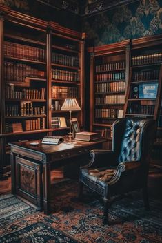 an old library with many books on the shelves and a chair in front of it