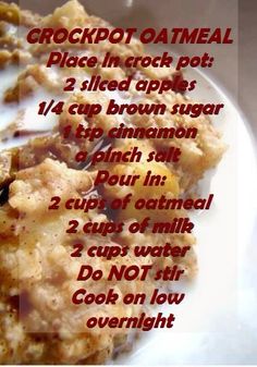 the recipe for crockpot oatmeal is shown on a white plate