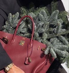 a woman holding a red purse next to a plant