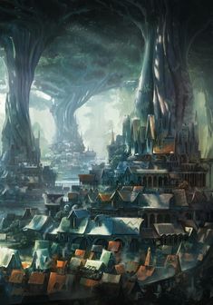 a fantasy city surrounded by trees and houses