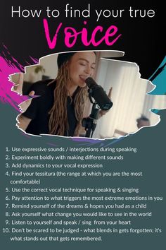 a woman singing into a microphone with the words how to find your true voice