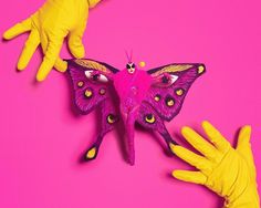 two hands in yellow gloves are reaching for a pink butterfly on a pink background with bright colors