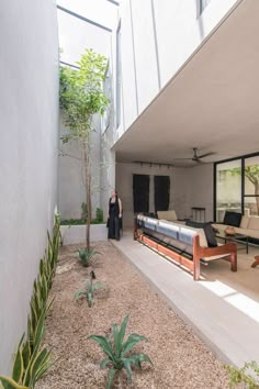 a woman standing in the middle of a room with large windows and plants on the ground