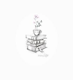 a drawing of a stack of books with a flower in the middle and a coffee cup on top