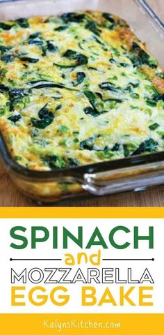 spinach and mozzarella egg bake in a glass casserole dish