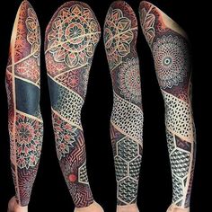 three leg tattoos with different designs on them