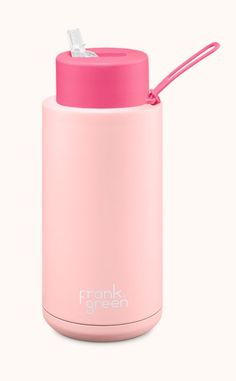 a pink insulated water bottle with a straw sticking out of it's lid