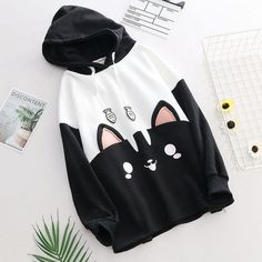 Keep it snug and warm for the chilly days all while looking kawaii and get your hands on this Kawaii Big Ears Cat Hoodie.This Hoodie is a classic pullover that an adorable black and white cat print design. It is a total hoot for cat lovers and kawaii lovers alike! Apart from that, it is made with a composition of cotton and polyester, creating a superb quality fabric that is guaranteed to give a well-insulated fit.  Specifications: Material: Cotton & Polyester Fabric Type: Broadcloth Weight Cat Draw, Goth Stuff, Harajuku Hoodie, Short Hoodie, Outfit Choices, Big Ears, Kimono Yukata, Cat Sweater, Fantasy Wardrobe