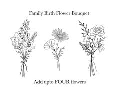 four flower bouquets with the words, family birth flower bouquet add up to four flowers