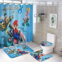 a bathroom with mario kart shower curtain and rugs