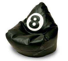 a black bean bag chair with the number eight on it's front and side