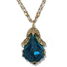 "This elegant prism necklace is based on designs of vintage 1930s Czech glass jewelry. The prism is set into hand forged filigrees and is suspended from an alternating hexagon and figaro chain, beautifully suited to the style of this necklace termed \"lavaliere.\" Finished in burnished bronze. 20\" adjustable. Pendant: 1.75\" x 1.25\" Entirely produced at Sweet Romance Jewelry in our Los Angeles studio." Vintage Crystal Pendant Necklaces, Vintage Crystal Necklace For Gifts, Elegant Glass Teardrop Pendant Jewelry, Vintage Faceted Jewelry As Gift, Antique Crystal Necklace For Gift, Elegant Collectible Glass Jewelry, Vintage Jewelry As Gift, Vintage Teardrop Pendant Gemstone Necklace, Vintage Teardrop Gemstone Pendant Necklace