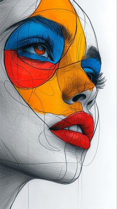 a drawing of a woman's face with colored lines on her face and lips