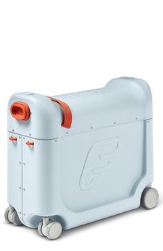 a white and orange cooler sitting on wheels