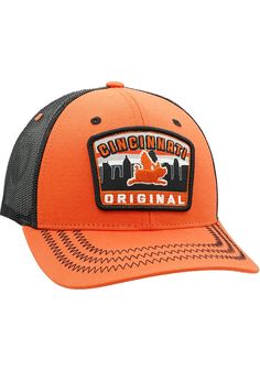 This Cincinnati Orange Adjustable Hat features a front embroidered team logo. Zephyr Rabble Rouser Meshback Hat, Front patch logo, Matching crown and visor, Contrast Meshback, Side Z logo, Cotton/Poly Blend, Wipe clean with cloth or cleaning kit, 4 Collegiate Trucker Hat For Sports Events With Curved Bill, Collegiate Hats With Logo Patch For Game Day, Team-colored Adjustable Trucker Hat With Curved Bill, Collegiate Trucker Hat For Sports Events, Curved Bill Trucker Hat With Embroidered Logo For Fans, Game Day Cap With Logo Patch, Curved Bill Trucker Hat With Embroidered Logo, Curved Bill Hat With Embroidered Logo For Fan Merchandise, Curved Bill Hat With Embroidered Logo For Fans