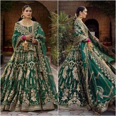 a woman in a green and gold lehenga