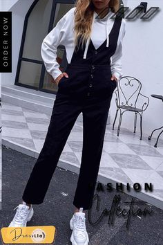 Fashion Casual Solid Split Joint V Neck Loose Jumpsuits Jumpsuit With Long Sleeves, Suspender Jumpsuit, Long Overalls, High Waist Jumpsuit, Loose Jumpsuit, Long Jumpsuits, Leisure Wear, Jumpsuits For Women, Fashion Casual