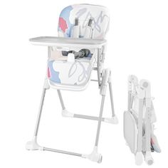 a baby high chair next to its holder