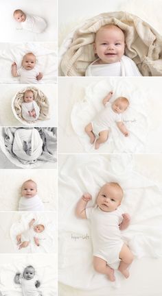 a collage of photos with babys in white outfits and blankets on top of each other