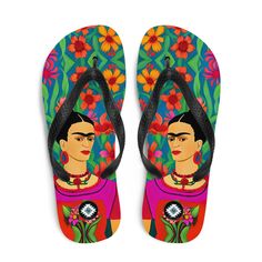 Mexican Icon Frida Khalo Flip Flops - The Global Wanderer Multicolor Artistic Art For Summer, Printed Flip Flops, Mexican Artists, Colorful Style, Bold Design, Painting Crafts, Colorful Fashion, Soft Fabric, Soft Fabrics