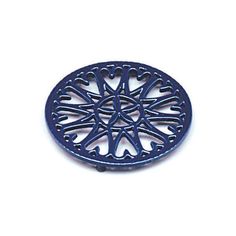 a blue metal object with an intricate design on the front and back side, against a white background