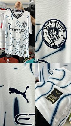 there are many different pictures of soccer jerseys in this photo, one is white and the other is blue