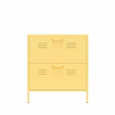 a yellow filing cabinet with two drawers on one side and an open drawer on the other