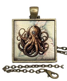 an octopus is sitting on top of a map with chains hanging from it's sides