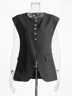 This minimalist waistcoat features exquisite front buttons, creating a sophisticated and timeless silhouette. No matter the occasion, it will elevate your look with its subtle, yet luxurious appeal. Decoration: Button Main Stuffing: Polyester Closure Type: Single Breasted Sleeveless Business Outerwear With Button Closure, Elegant Vest With Notch Lapel And Button Closure, Elegant Sleeveless Office Blazer, Elegant Sleeveless Blazer For Office, Elegant Business Vest With Buttons, Elegant Tailored Vest With Button Closure, Tailored Elegant Vest With Button Closure, Office Vest With Notch Lapel And Buttons, Elegant Winter Blazer With Vest